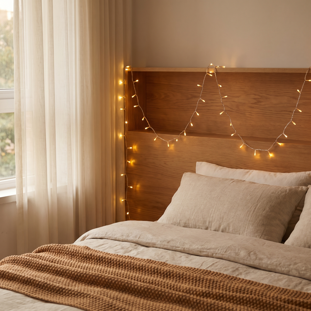 Warm white LED string lights draped along a wood headboard and beside a bedroom window