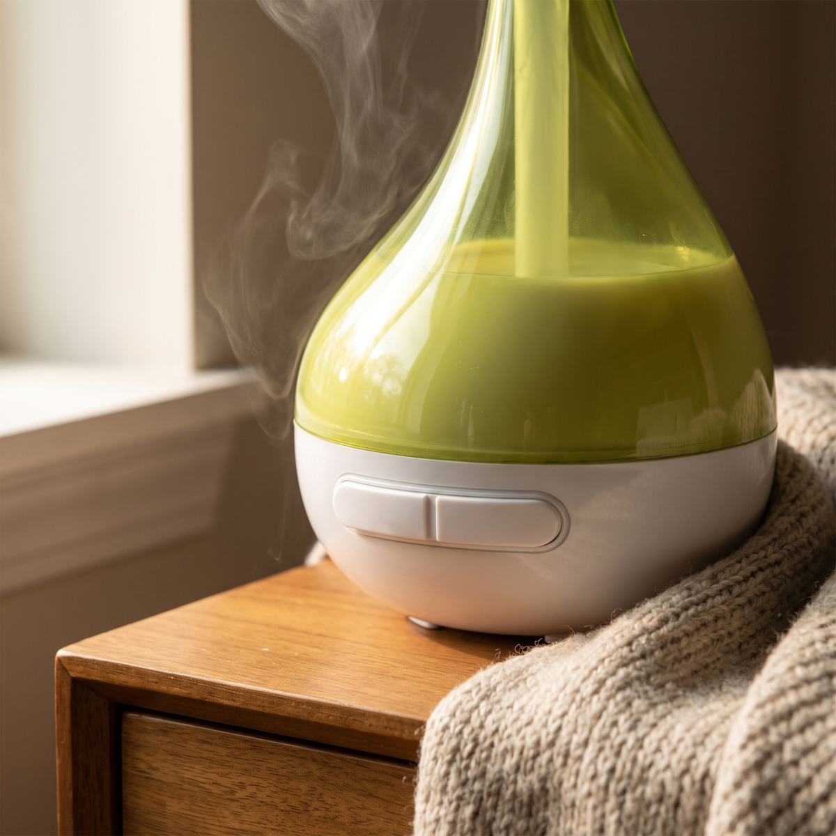 Close-up of the lime green drop-shaped aroma humidifier on its white base with the two-button control and cool mist