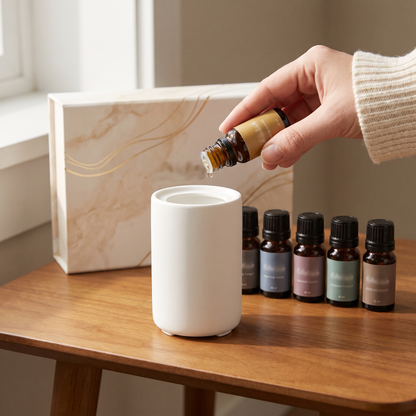 Adding a drop of fragrance oil to a white ceramic diffuser with the rest of the set and gift box behind