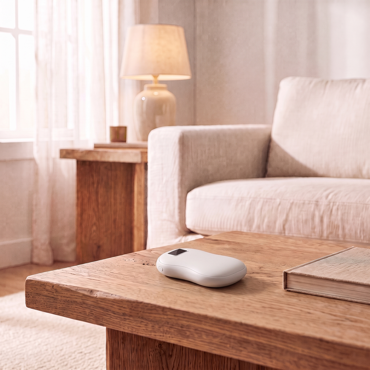 N20 rechargeable hand warmer in white on an oak coffee table