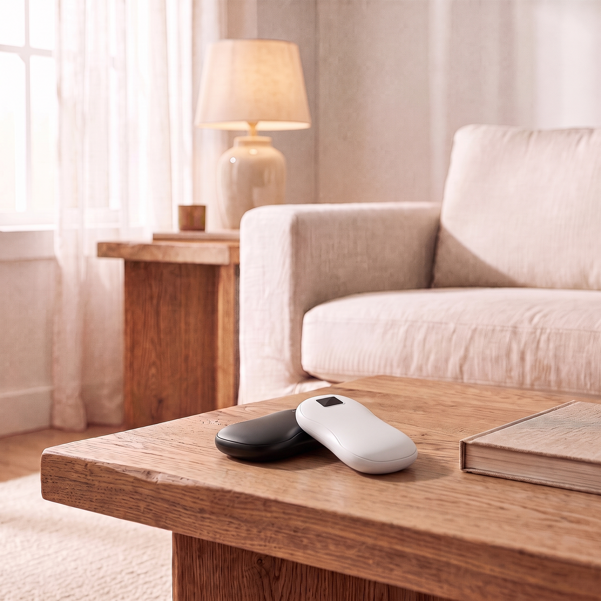 Two N20 rechargeable hand warmers, one black and one white, on an oak coffee table