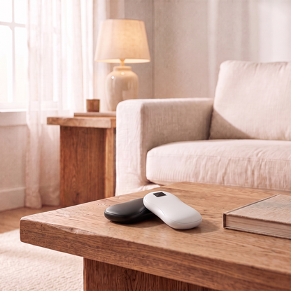 Two N20 rechargeable hand warmers, one black and one white, on an oak coffee table
