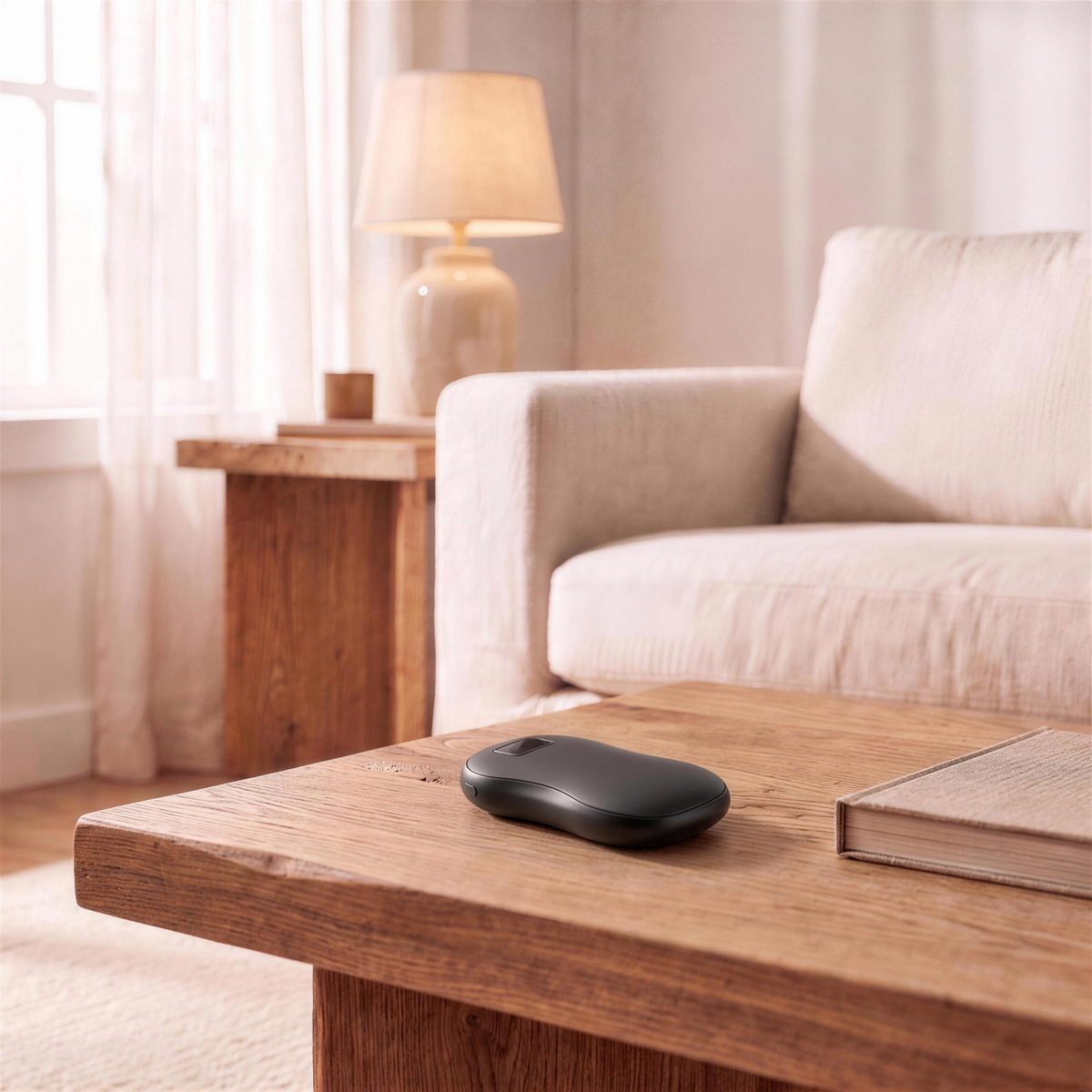 N20 rechargeable hand warmer in black on an oak coffee table