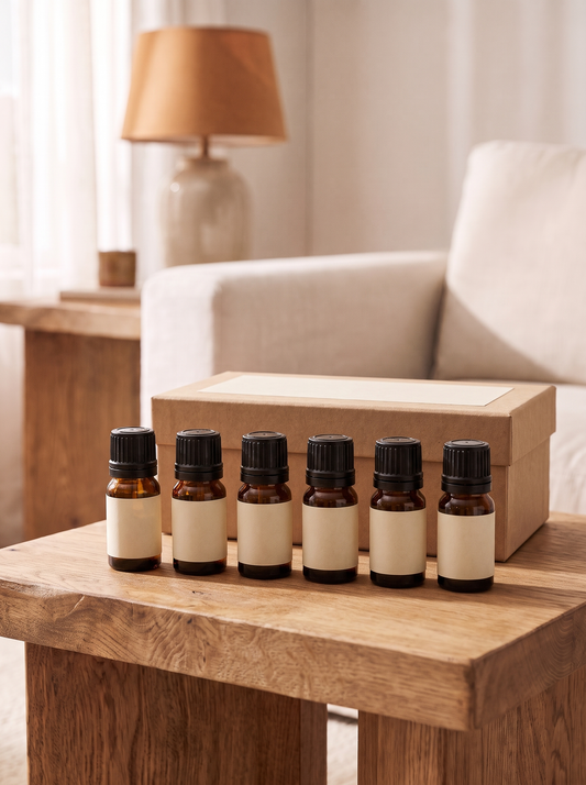 Hotel fragrance diffuser oil set, six amber bottles and kraft gift box on an oak side table in the Hollow Pine house