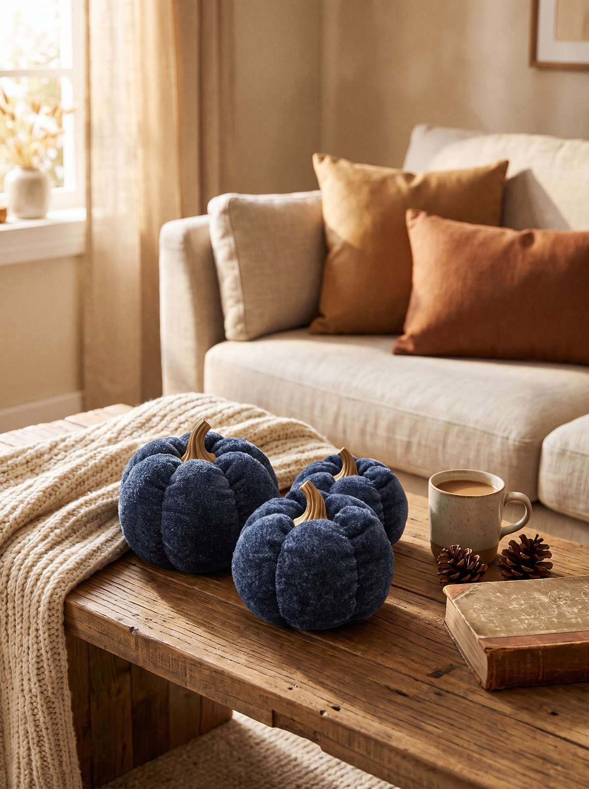 A Set Of 3 Deep Blue Pumpkin Decorations: Fall, In A Cooler Shade