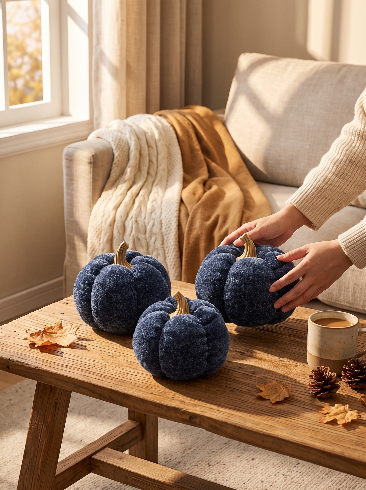A Set Of 3 Deep Blue Pumpkin Decorations: Molded In Resin For Lasting Detail