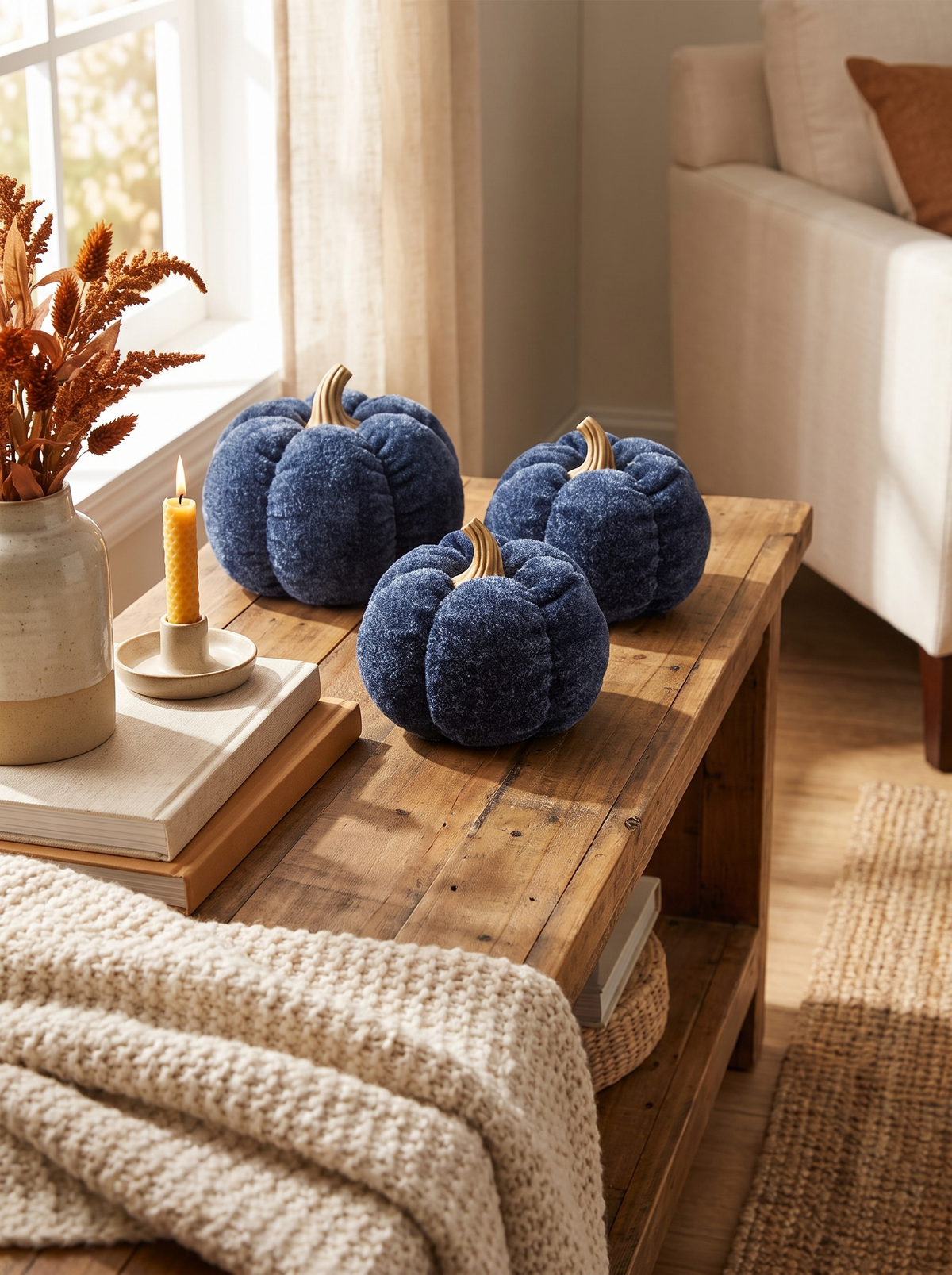 A Set Of 3 Deep Blue Pumpkin Decorations: Pairs With What You Already Own