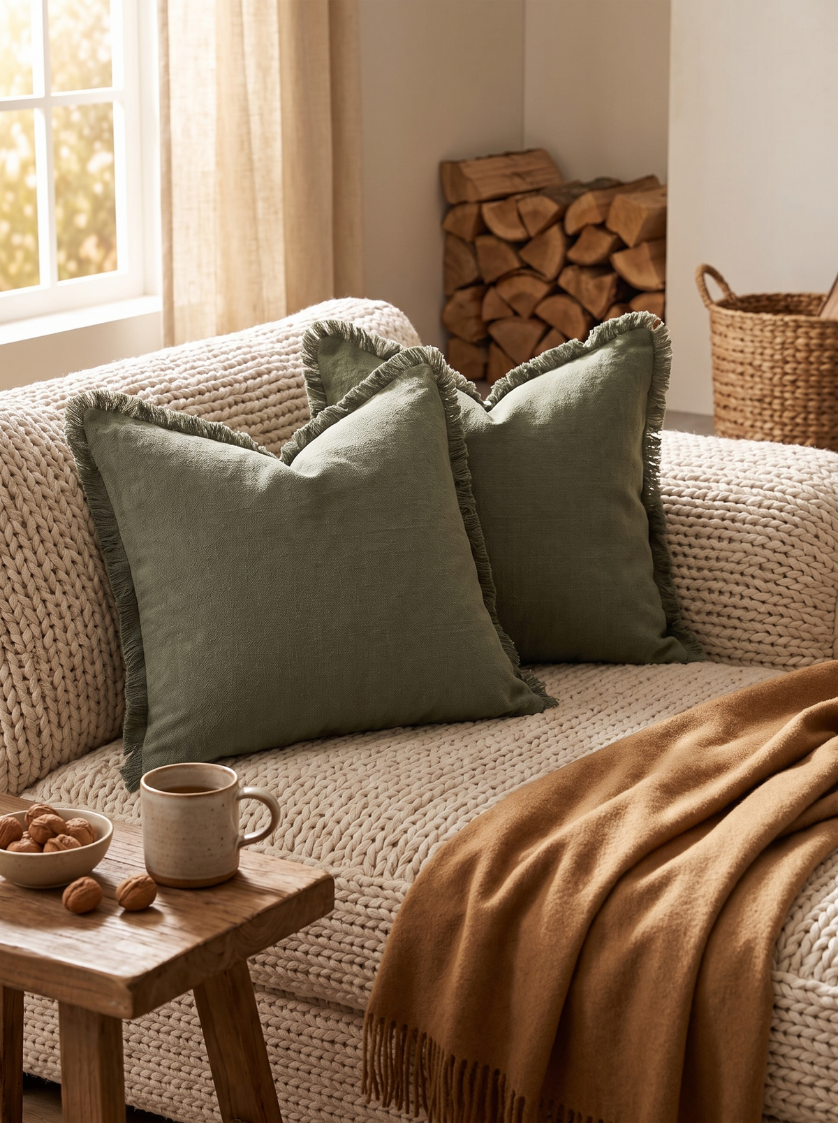 Decorative Linen Fringe Throw Pillow Cover 18x18 Inch: Olive Green Anywhere