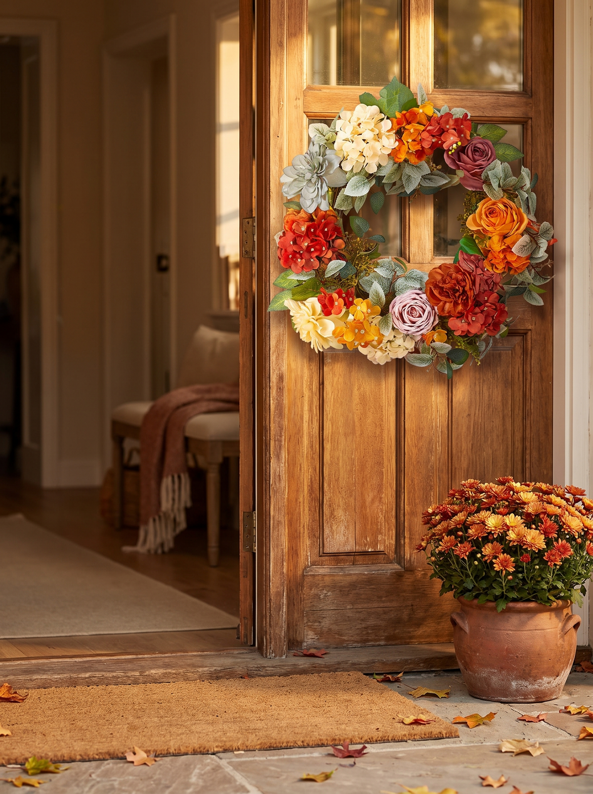 Decorative Wreath 24 In Red Orange Yellow Hydrangeas Roses: A Welcome At The Door