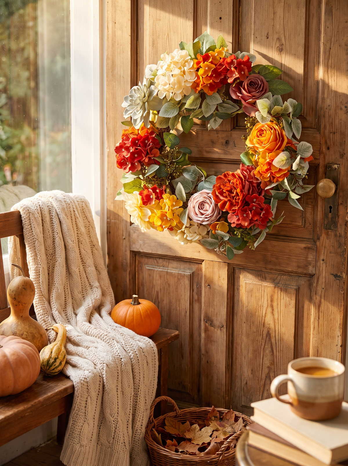Decorative Wreath 24 In Red Orange Yellow Hydrangeas Roses: Hydrangeas And Roses, Layered Full