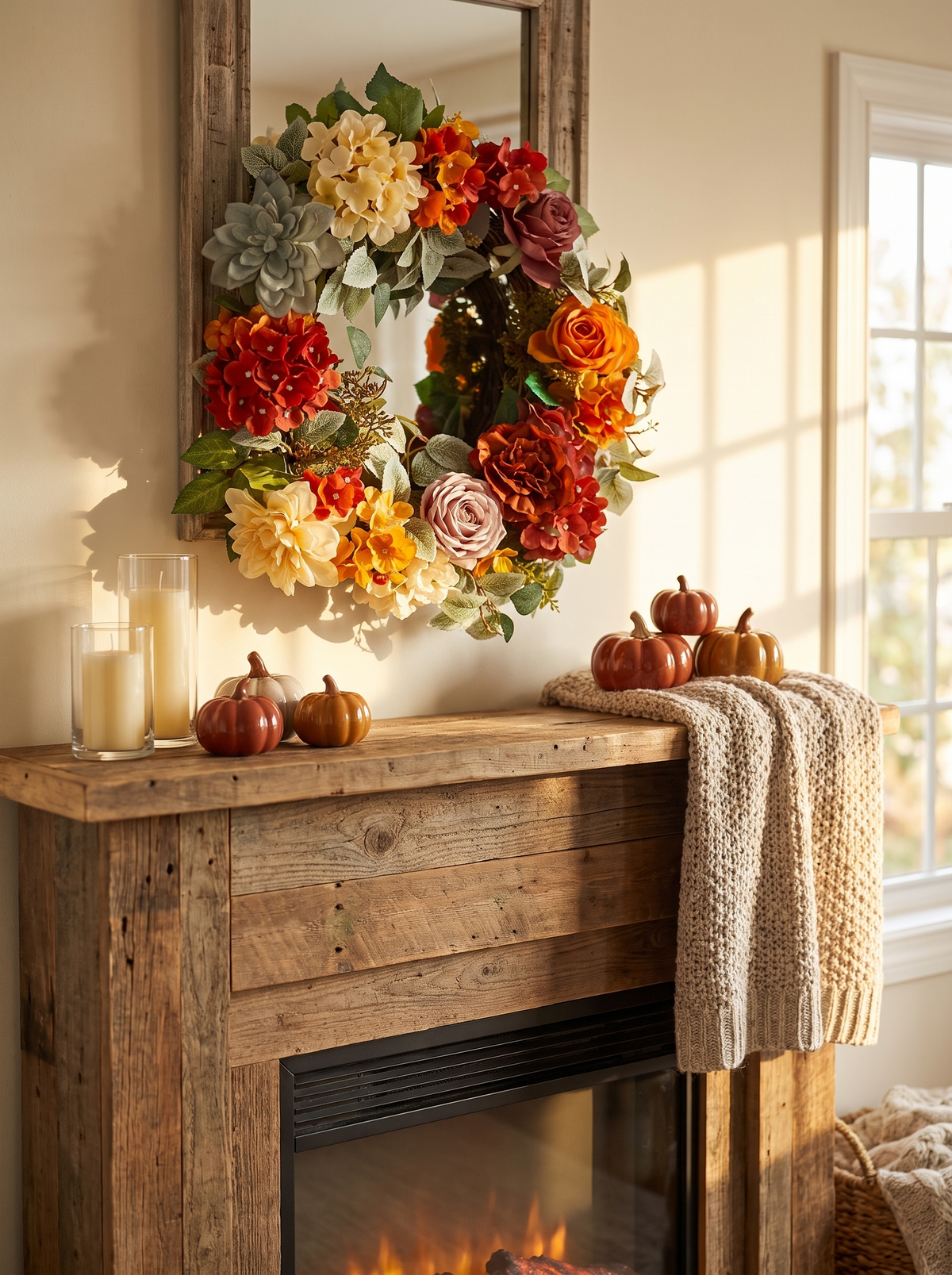Decorative Wreath 24 In Red Orange Yellow Hydrangeas Roses: Door, Mantel, Or Mirror