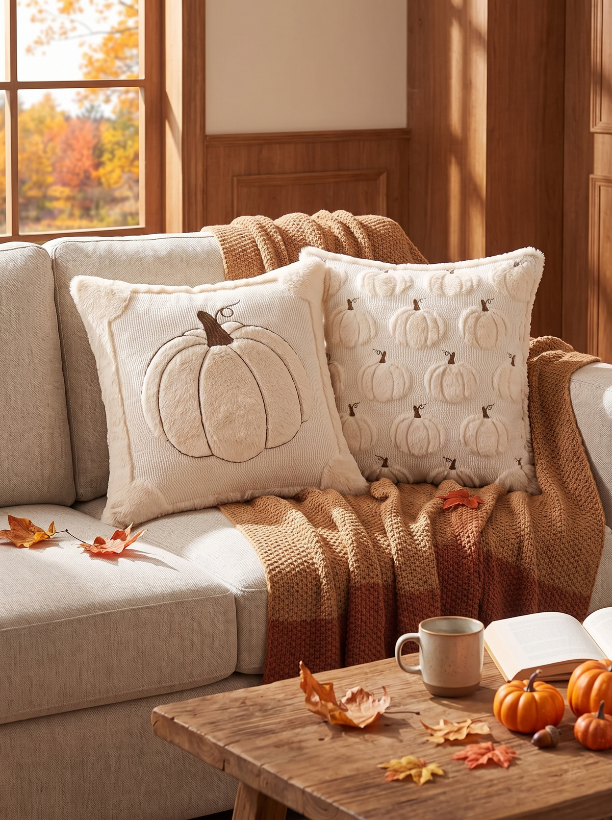 Fall Throw Pillow Covers Set Of 2 Reversible Beige Pumpkin: Reversible Maple Design
