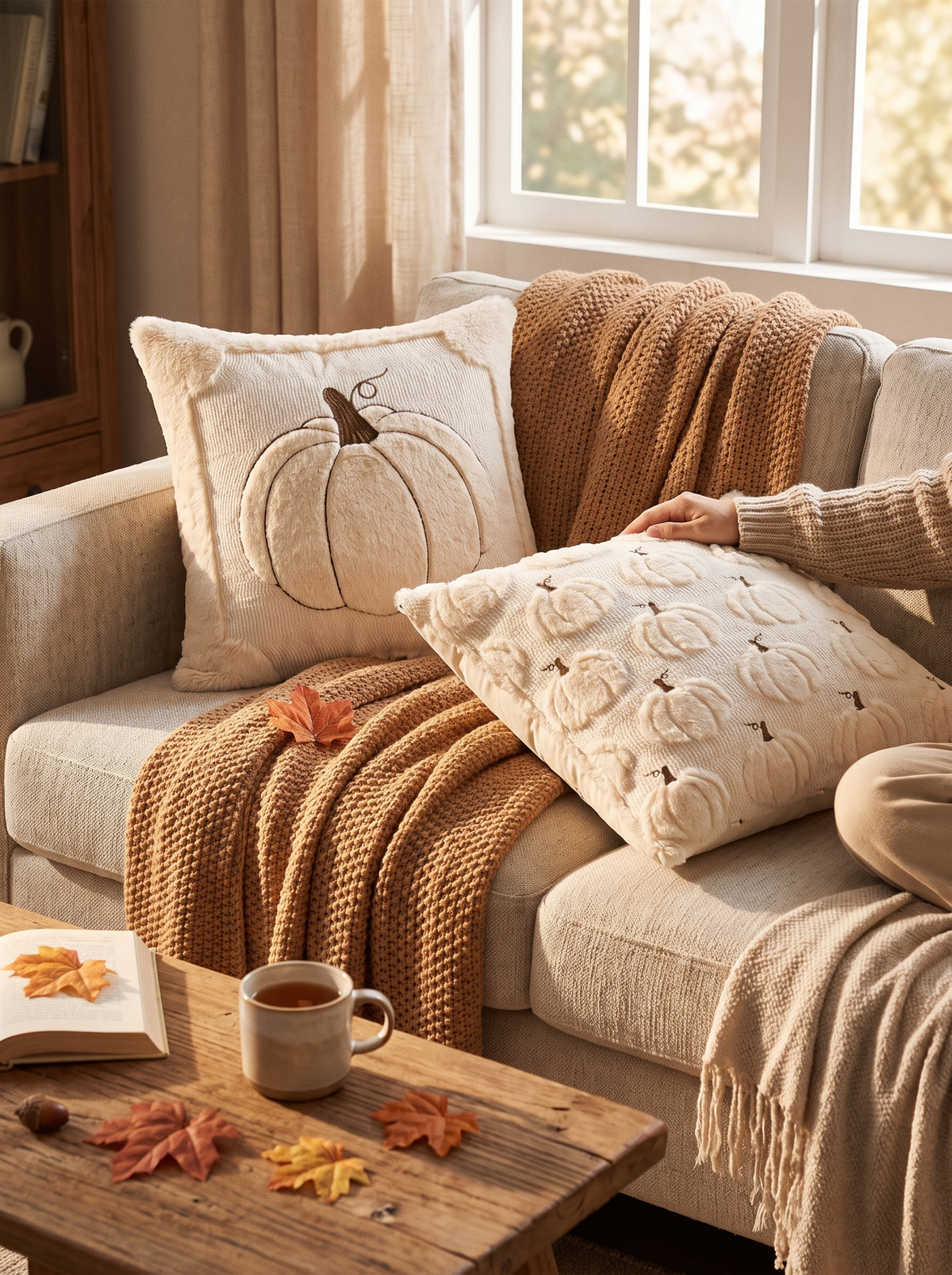 Fall Throw Pillow Covers Set Of 2 Reversible Beige Pumpkin: Couch, Bench, Or Bed