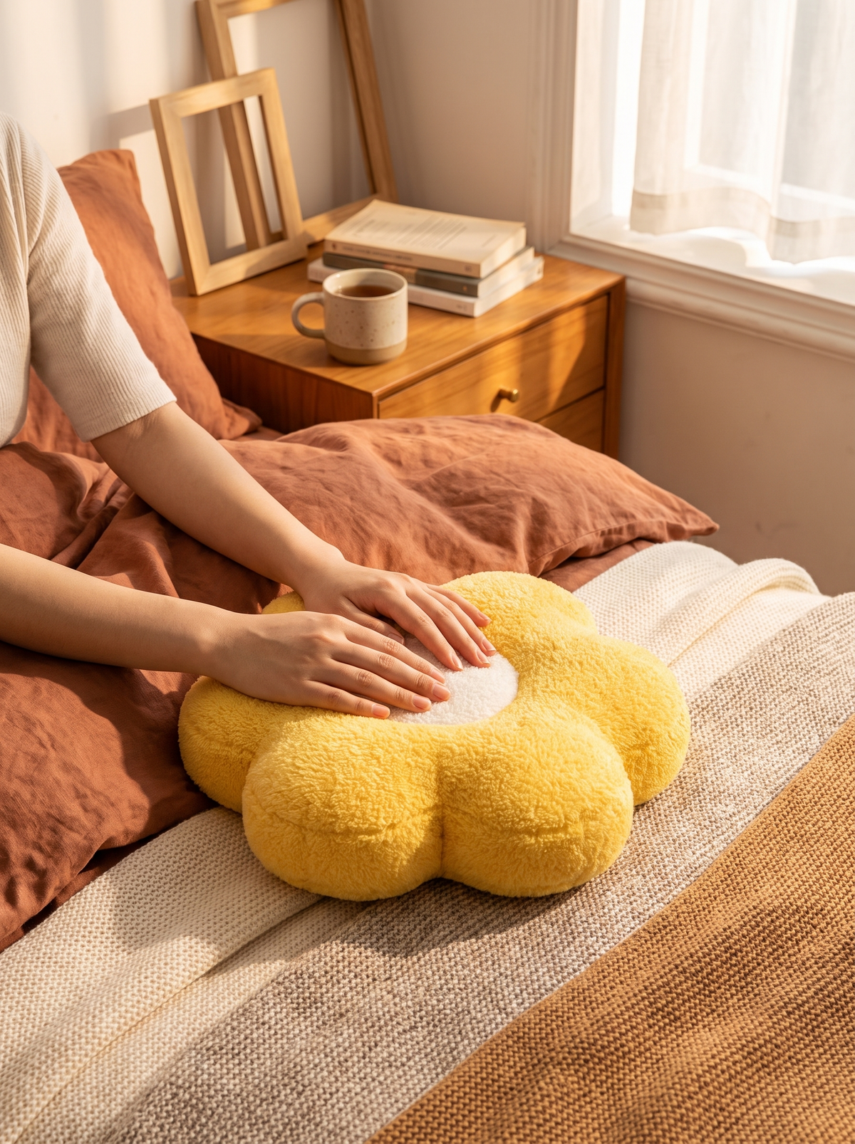 Flower Hand Warmer 35cm-Yellow: Plush Cover, Gentle Heat