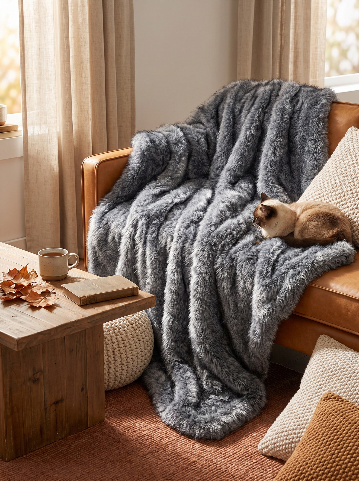 Gray 740GSM Faux Wolf Fur Throw Blanket 60 X80: Faux Fur Outside, Fleece Inside