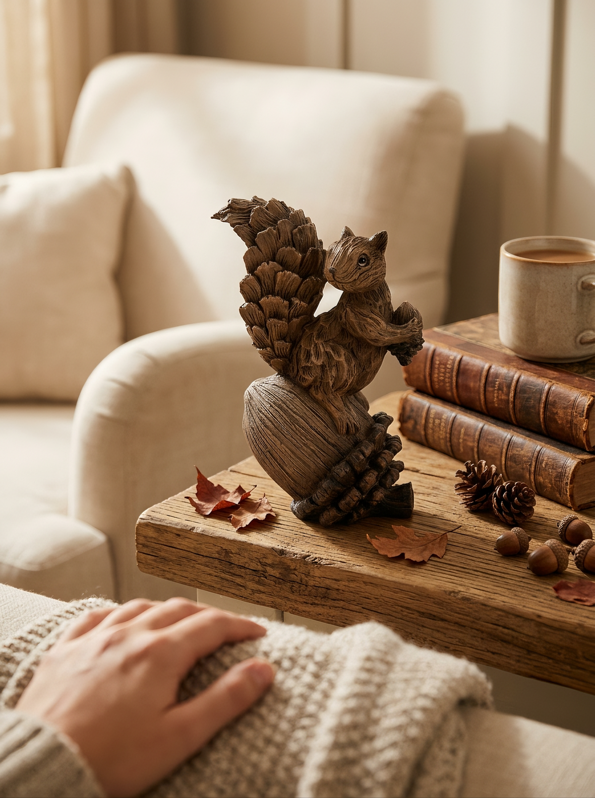 Handcrafted Resin Squirrel Figurine On Pinecone: A Woodland Moment Indoors