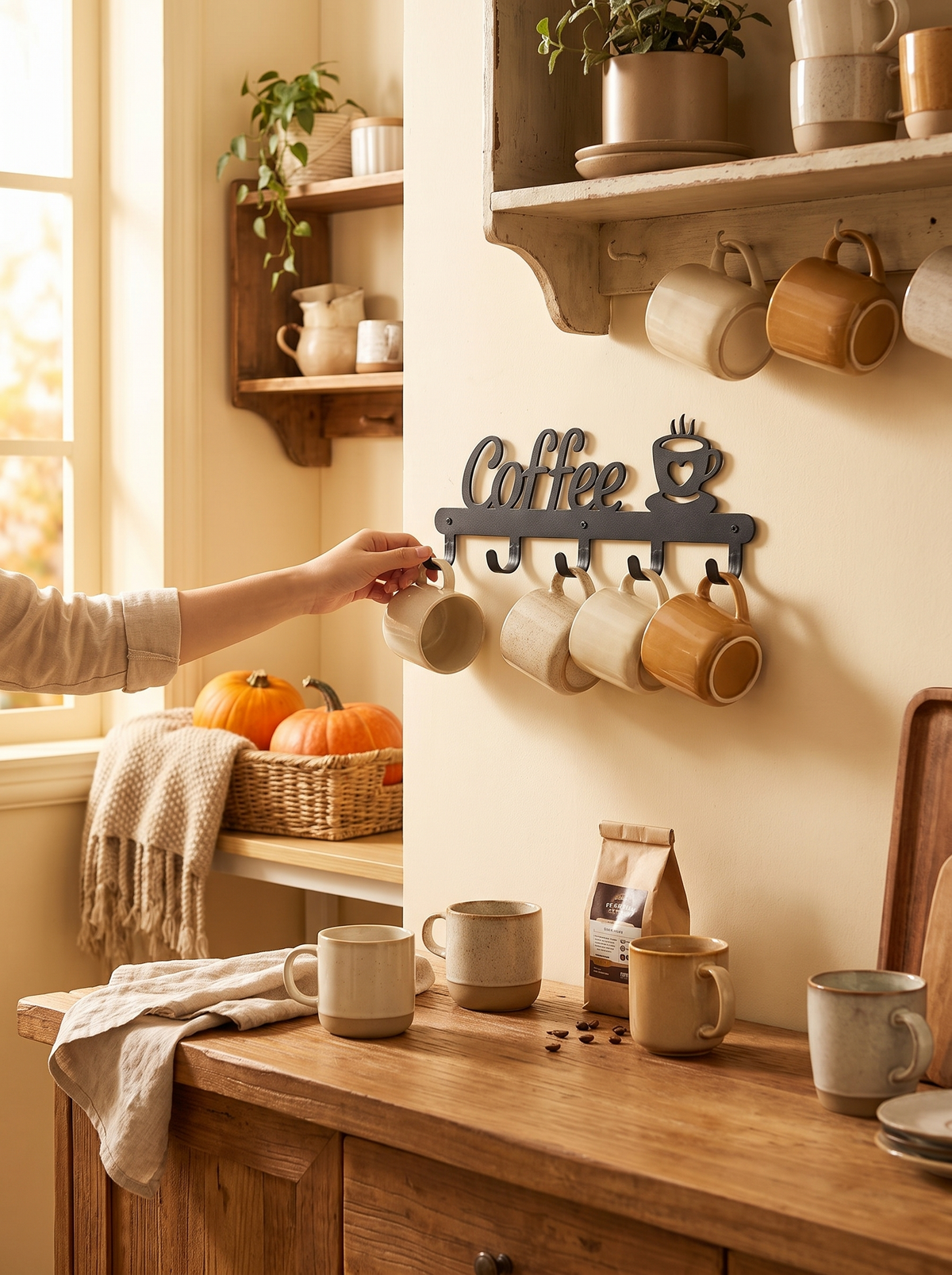 Metal Coffee Mug Holder Rack Wall-Mounted With Hooks For: Your Mugs, Within Reach