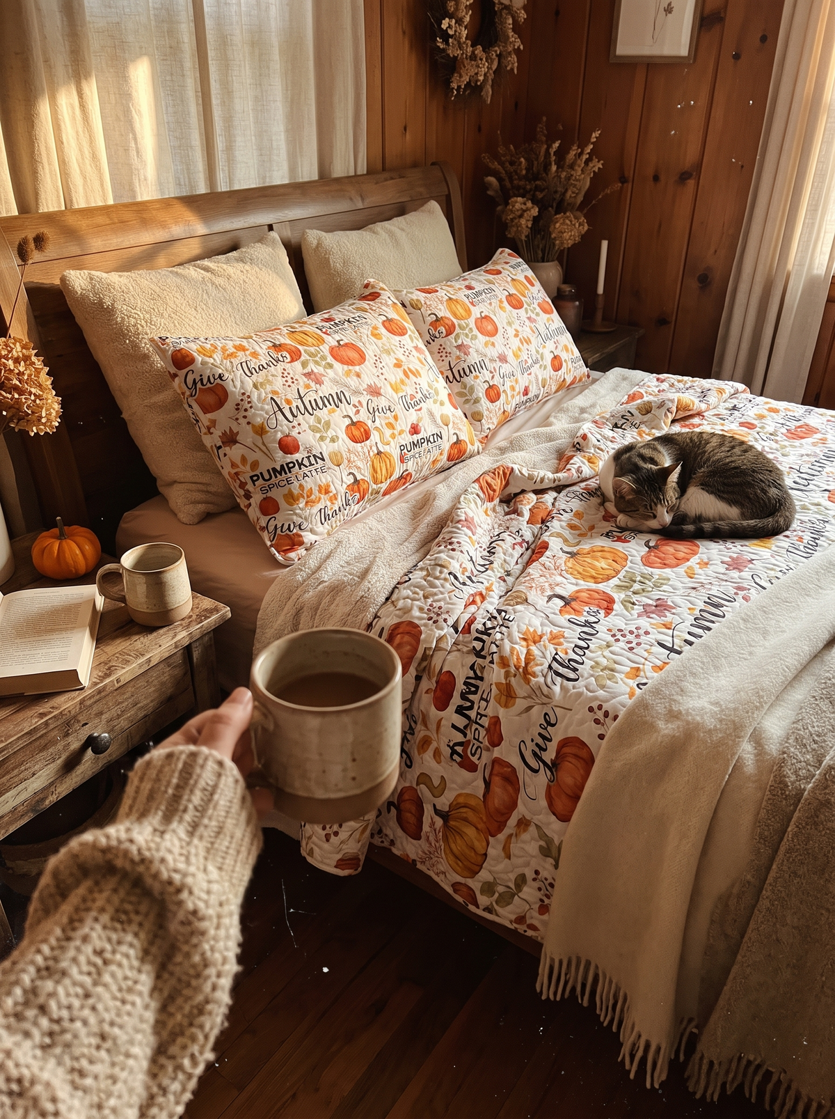 Pumpkin Autumn Leaves Print Quilt Set -1 Quilt: Fall Mornings Made Softer