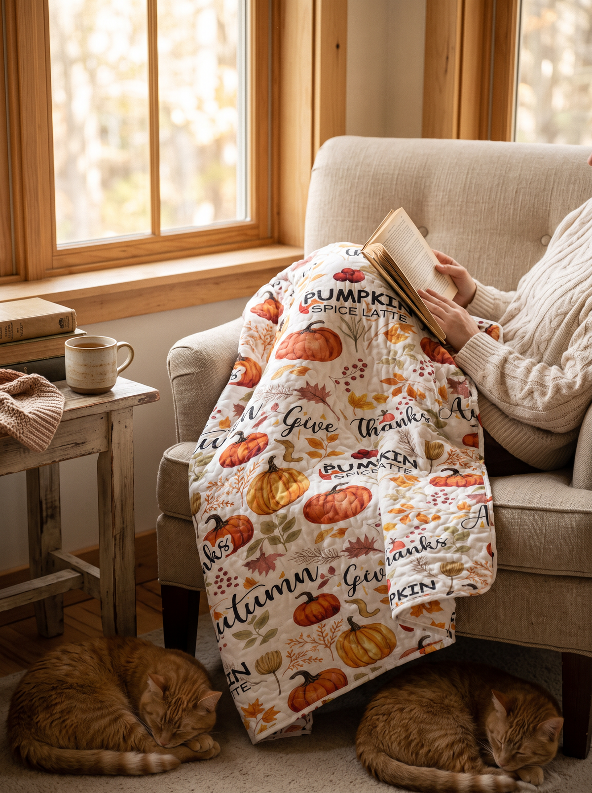 Pumpkin Autumn Leaves Print Quilt Set -1 Quilt: Stitched To Last