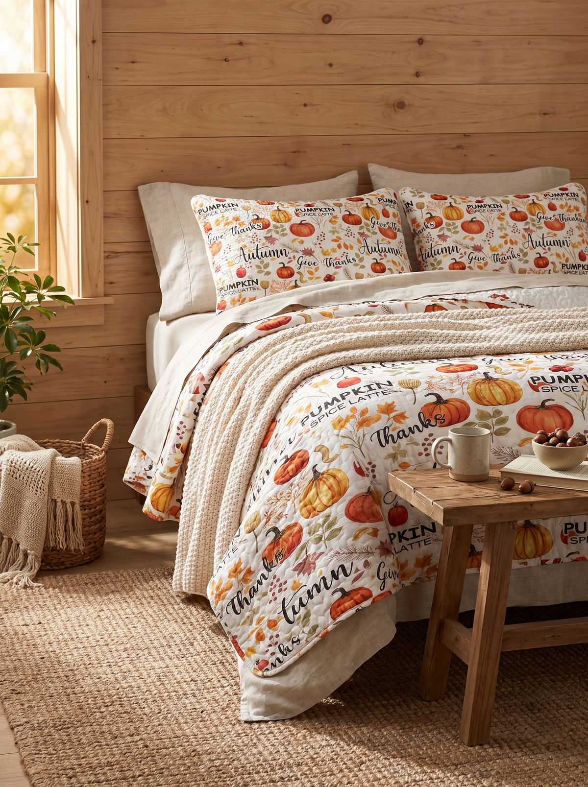 Pumpkin Autumn Leaves Print Quilt Set -1 Quilt: Queen Or King, Ready To Layer