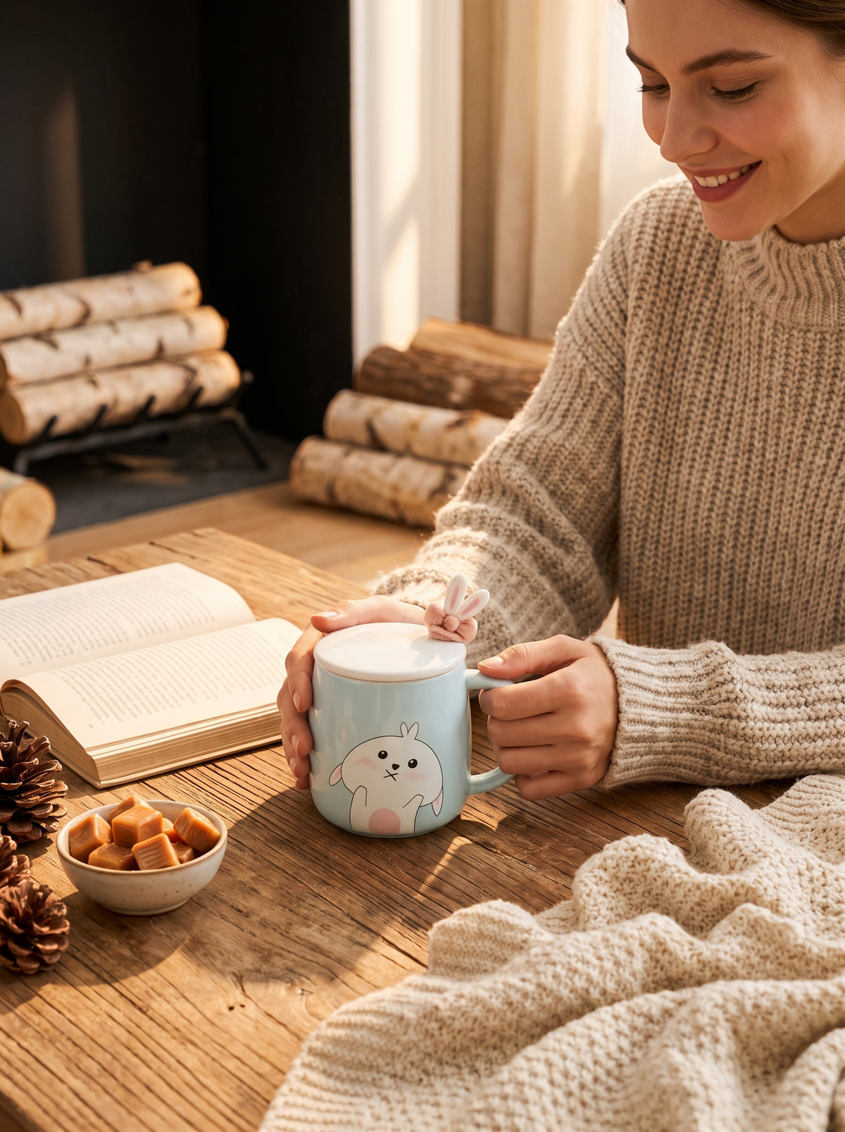 Rabbit Bow Ceramic Mug-Light Blue: Morning Coffee, Made Sweeter