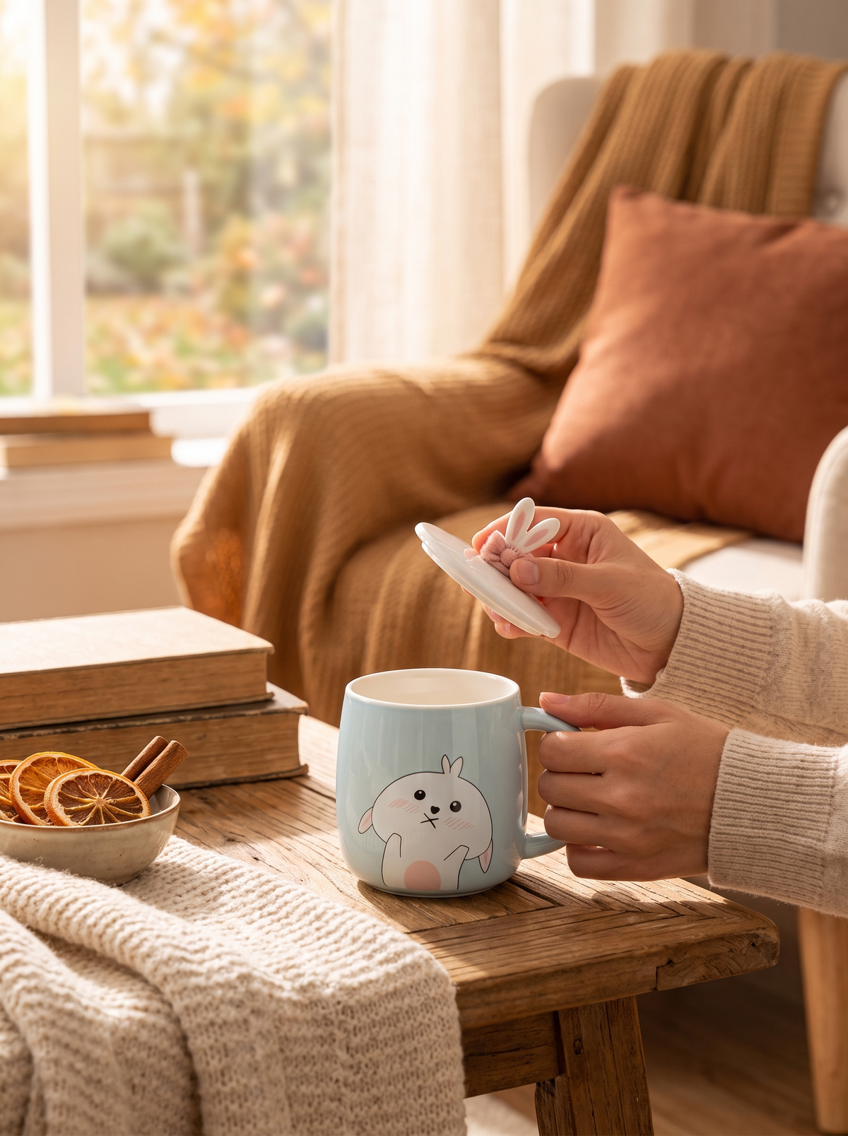 Rabbit Bow Ceramic Mug-Light Blue: Ceramic With Character