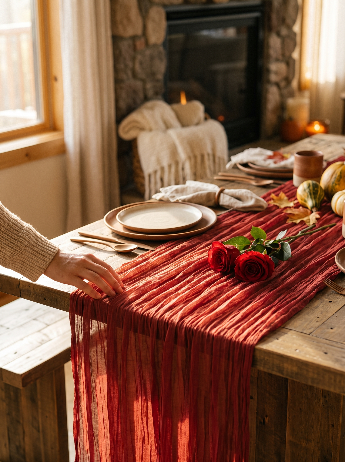 Table Runner Fall Red Boho Wedding Birthday Party Home: Cheesecloth, Carefully Finished